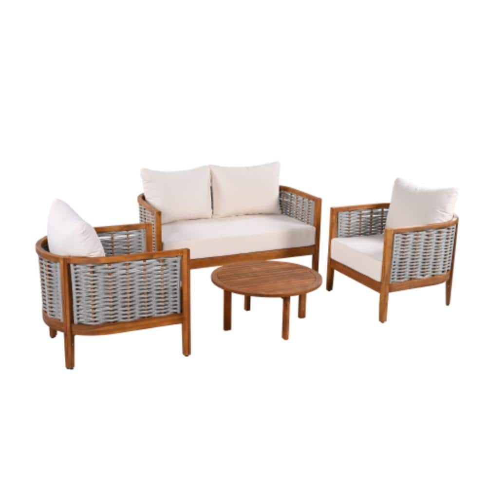 4-Piece Acacia Wood Outdoor Conversation Patio Furniture Set with Beige Cushions price history on PriceWatchPro