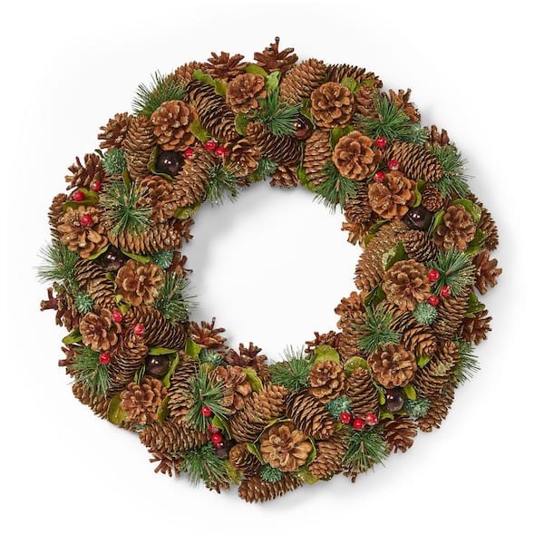 Noble House 18.5 in. Natural Brown Glitter Unlit Artificial Christmas Wreath with Pine Cones