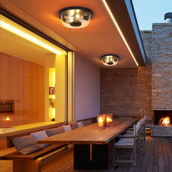 12.3 in. 2-Light Matte Black Outdoor Motion Sensing No Bulb Included Flush Mount Ceiling Light with Clear Seeded Glass