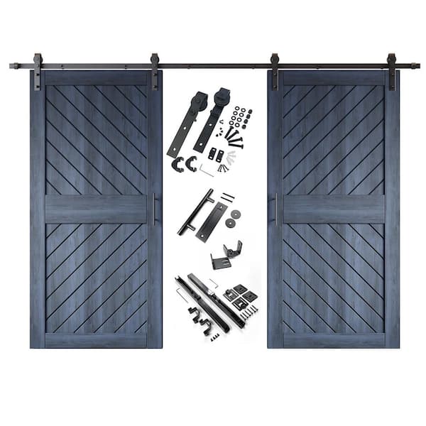 HOMACER XT4 32 in. x 84 in. C-Panel Navy Slanted Stripe Design Double Pine Wood Sliding Barn Door with Hardware Kit