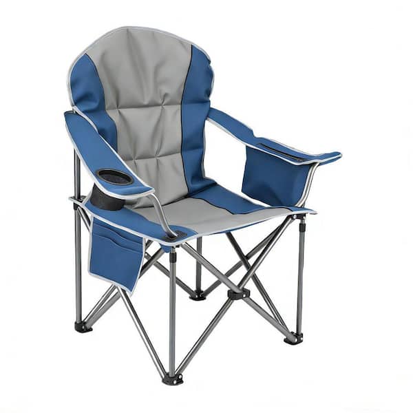 Oversized Blue Grey Metal Folding Outdoor Beach Chair Camping Chair with Cup Holder Storage and Cooler Bag