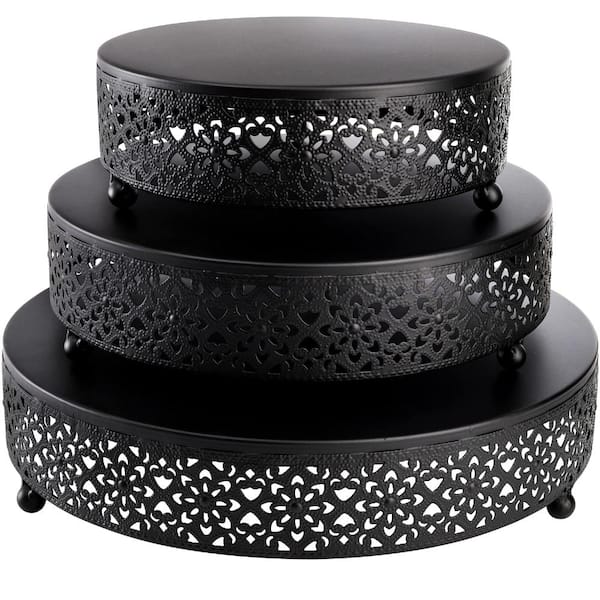 3-Tier Black Metal Round Cake Stand Set with 8 in. 10 in. and 12 in. Dessert Display Plates