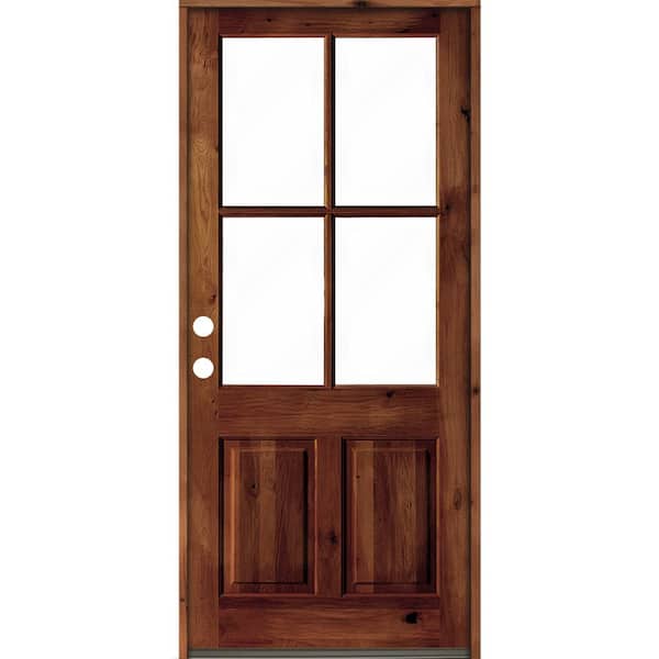 Krosswood Doors 36 in. x 96 in. Knotty Alder Right-Hand/Inswing 4-Lite Clear Glass Red Chestnut Stain Wood Prehung Front Door