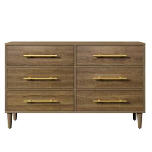 54.00 in. W Mid-Century Natural Walnut 6-Drawer Dresser with Golden Handles