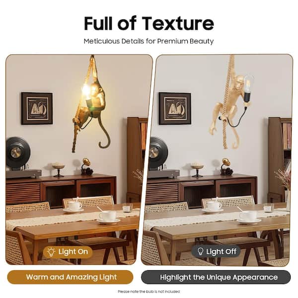 OUKANING 1-Light Gold Vintage Resin Hemp Rope Monkey Pendant Light