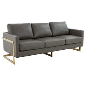 Lincoln 83 in. Square Arm Modern Upholstered Leather 3-Seater Mid-Century Straight Sofa with Steel Gold Frame in Gray