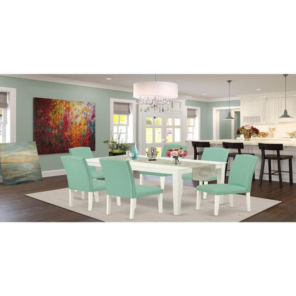 East West Furniture 7-Piece Rectangle Linen White Finish Solid Wood Top Dining Table with 6 Parson-Chairs with Lattice Back