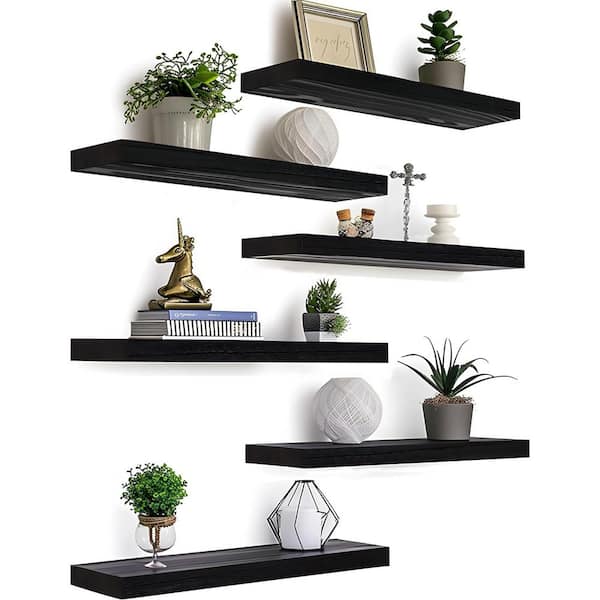 17 in. W x 6 in. D x 1 in. H Black Wood Floating Shelves for Wall Rustic Wall Shelves Set of 6