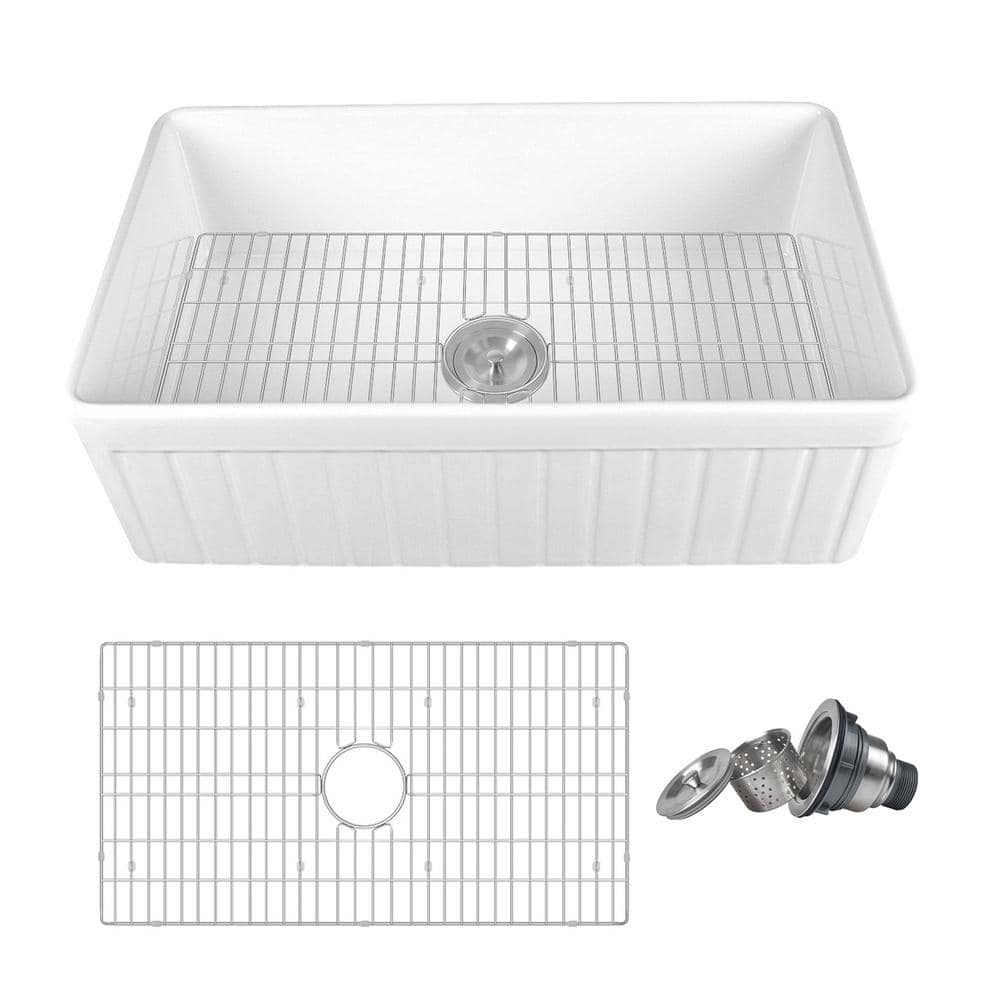 White Fireclay Farmhouse Apron Front Single Bowl Kitchen Sink