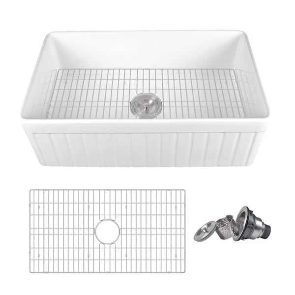 Solstice White Fireclay 33 in. L x 18 in. W Rectangular Single Bowl Farmhouse Apron Kitchen Sink with Grid and Strainer