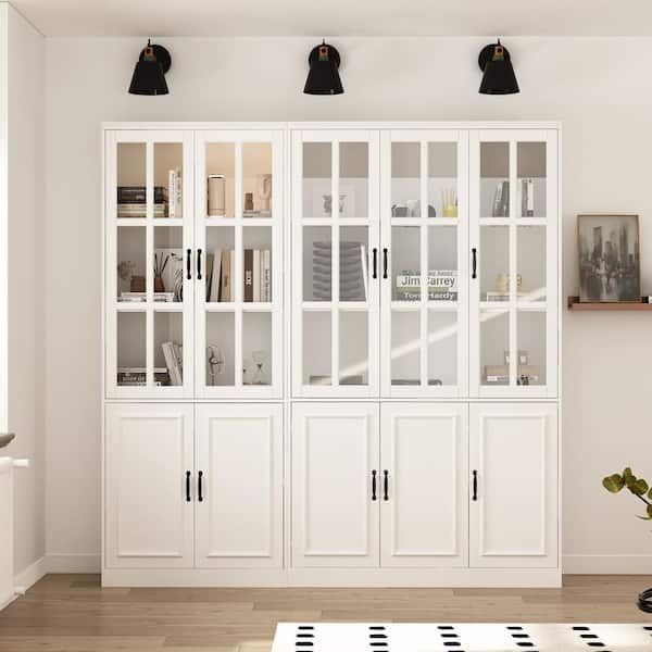 FUFU&GAGA White Wooden MDF 78.7 in. Wide Sideboard, Food pantry & Wine Cabinet with 15-Tier Shelves & Tempered Glass Doors