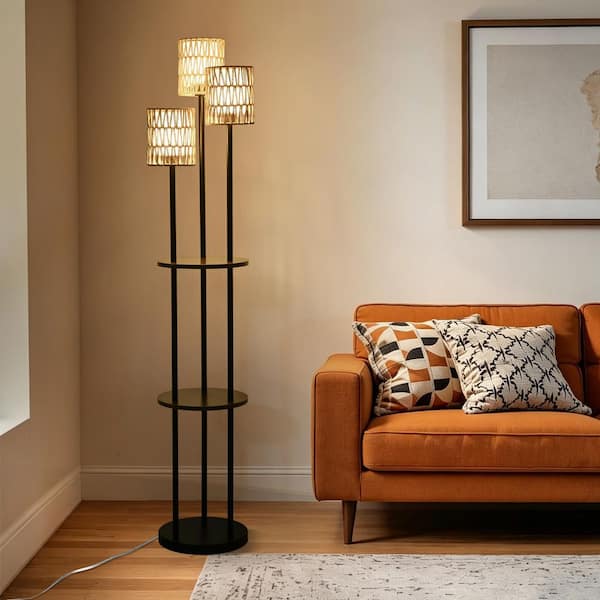 CACI Mall 65 in. Black Boho 3-Light Tree Floor Lamp with Shelves