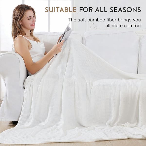 Afoxsos White Cooling Bamboo Rayon King Size Waffle Blanket Cotton