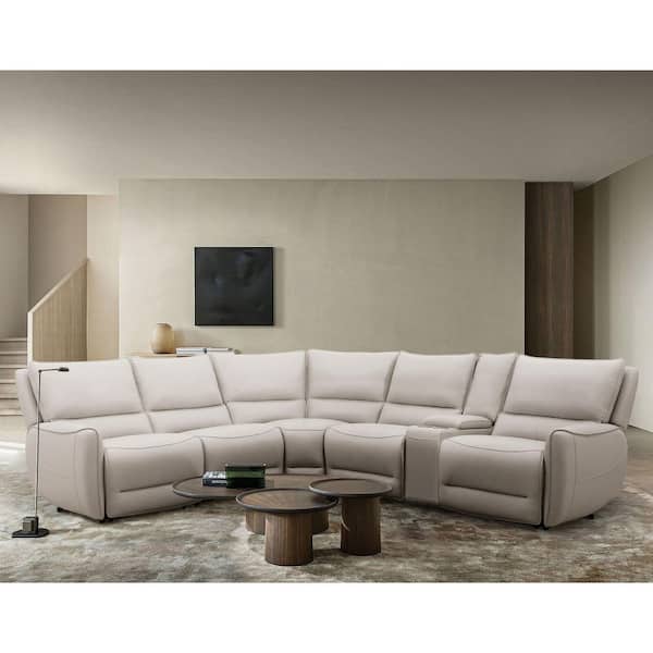 Furniture of America Pakton 115 in. Flared Arm Leather L-Shaped Power Sectional Sofa in Beige with Storage Console