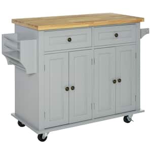 Grey Rubberwood 44 in. Kitchen Island on Wheels with 2 Doors, 2 Drawers, Spice Rack and Towel Bar