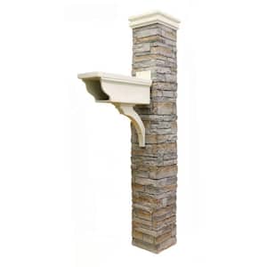 Gray Stacked Stone Newspaper Holder and Curved Cap Mailbox Post