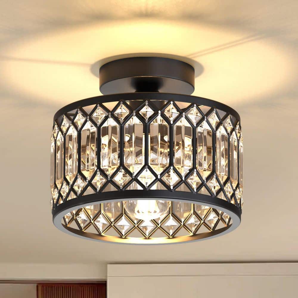 YANSUN 9 in. 1-Light Crystal Black Semi Flush Mount Ceiling Light ...