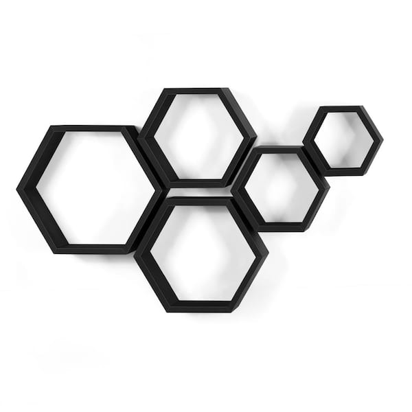 Oumilen Hexagon Floating Shelves 5 Different Sizes Honeycomb Shelves for Wall, Black