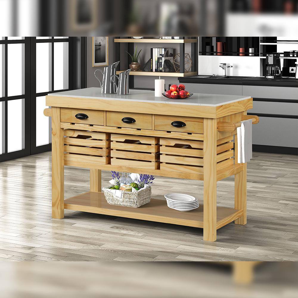 Natural Pine Kitchen Island with Marble Top and Storage