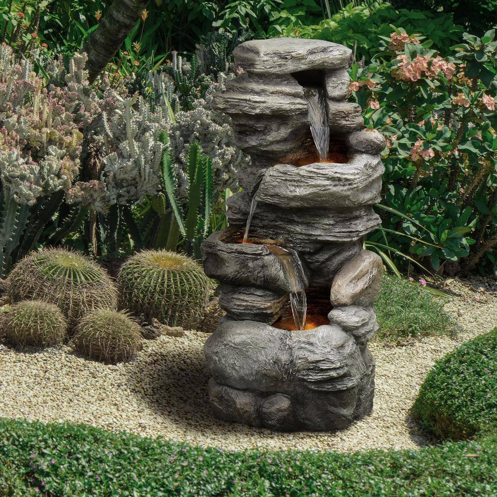 Teamson Home Gray 4-Tier Faux Stone Water Fountain with LED Lights
