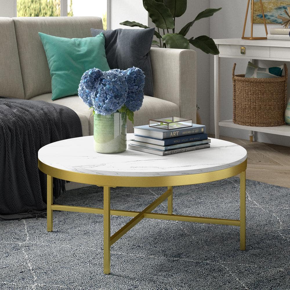 Xivil 36" Brass Round Coffee Table with Faux Marble Top
