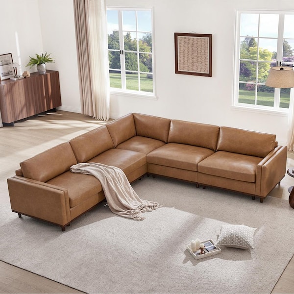 Rowan 114 in. Square Arm 5-Piece Faux Leather Rectangle Modular Sectional Sofa in. Saddle Brown with Feather Cushions