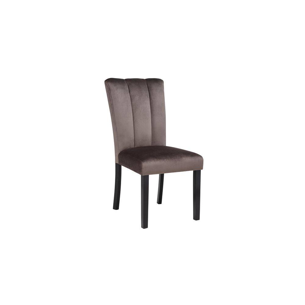 A single cedar brown velvet dining chair with a channeled back.
