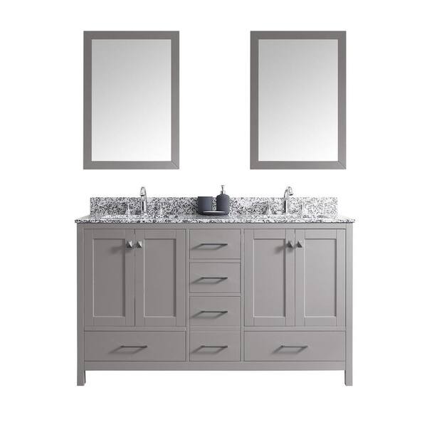 Virtu USA Caroline Madison 60 in. W Bath Vanity in Cashmere Gray with Granite Vanity Top in Arctic White with Sq. Basin and Mirror