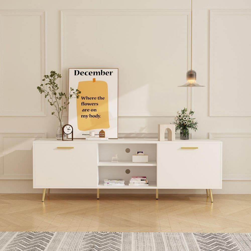 FUFU&GAGA 69 in. W White Wood Accent Storage Sideboard Cupboard