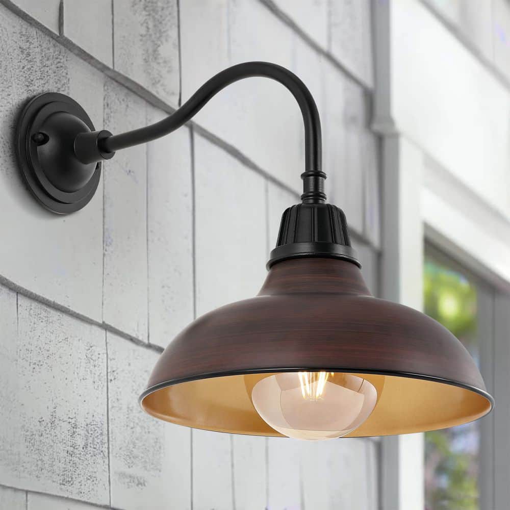 JONATHAN Y Aurora 12.25 in. Wood Finish/Copper 1-Light Farmhouse Industrial  Indoor/Outdoor Iron LED Gooseneck Arm Outdoor Sconce JYL7613G The Home  Depot
