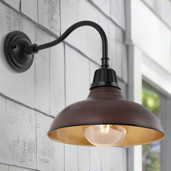 JONATHAN Y Aurora 12.25 in. Wood Finish/Copper 1-Light Farmhouse Industrial Indoor/Outdoor Iron LED Gooseneck Arm Outdoor Sconce