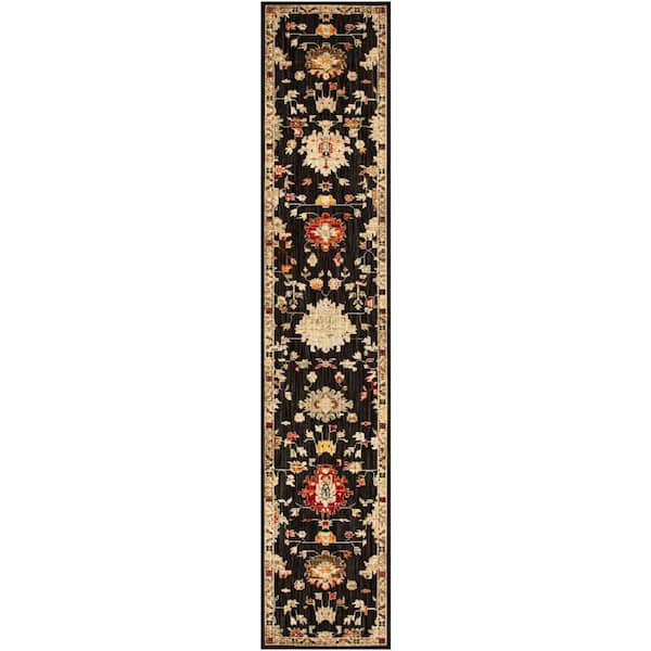 Antique Bloom Black 2 ft. x 12 ft. Medallion Traditional Runner Area Rug