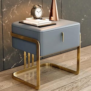 Minimalist Blue Nightstand Upholstered Leather Surface with 1 Drawer in Gold