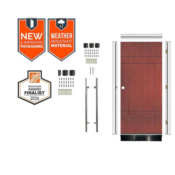 DIY Faux Pivot 36 in. x 79 in. Right-Hand 10-Grid Redwood Stain Fiberglass Front Door Kit w/ Quick Assemble Jamb