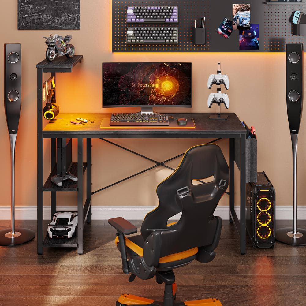 Bestier Small Gaming Desk with Power Outlets,42 L Shaped LED Computer Desk  with Stand Reversible Shelves,Corner Gamer Desk with Headset Hooks USB