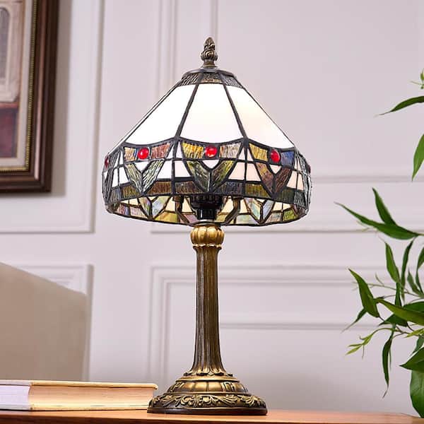 14 in. Tiffany Style Bronze Finish Table Lamp with White Stained Glass Lamp Shade