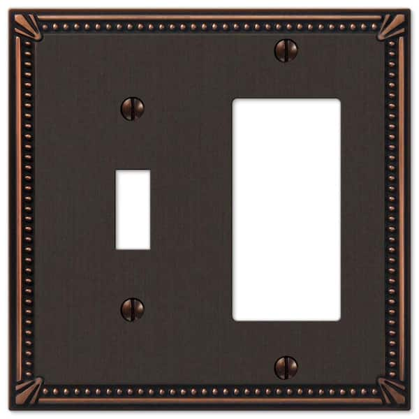 AMERELLE Imperial Bead 2 Gang 1-Toggle and 1-Rocker Metal Wall Plate - Aged Bronze