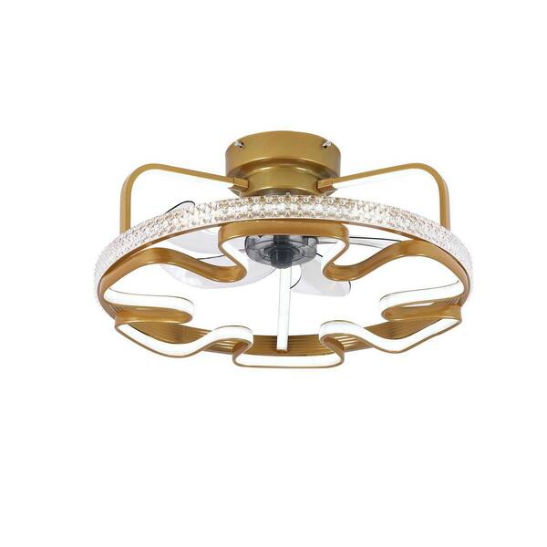 OUKANING 18 in. Modern Integrated LED Gold Semi Flush Mount 5 ABS Blades Flower Pattern Dimmable Ceiling Fan with Light