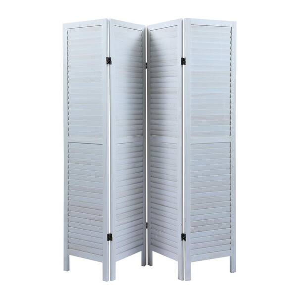 4-Panel White Wood Room Divider Louver Partition Screen, 5.6 ft