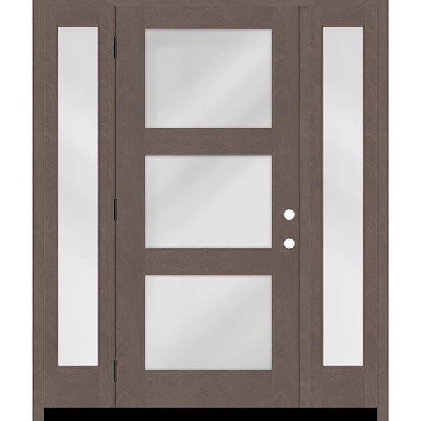 Steves & Sons Regency 64 in. x 80 in. Modern 3Lite Equal Clear Glass RHOS Ashwood Mahogany Fiberglass Prehung Front Door w/Dbl12 in.SL