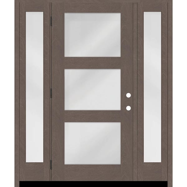 Steves & Sons Regency 64" x 80" Modern 3 Lite Equal Clear Glass RHOS Ashwood Mahogany Fiberglass Prehung Front Door w/Dbl 12 in. SL