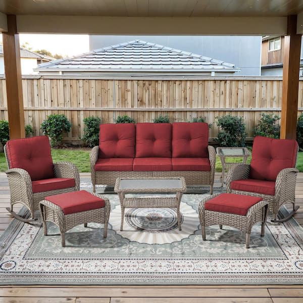 PlainCurve 7-Piece Gray Wicker Patio Conversation Set with Rocking Chairs and Olefin Red Cushions