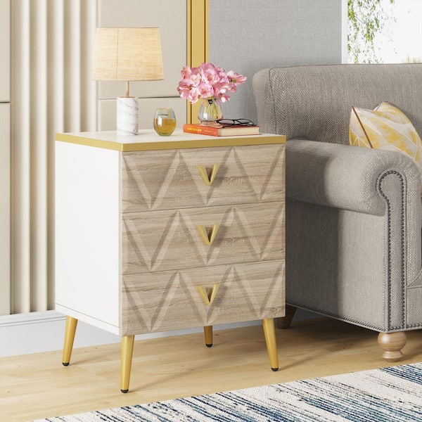 TRIBESIGNS WAY TO ORIGIN Mayville Walnut Gold Nightstand Set of 2 Modern 3-Drawers Wooden Storage Sofa Side Bedside End Table Metal Legs 2 Pcs