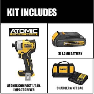 ATOMIC 20-Volt MAX Cordless Brushless Compact 1/4 in. Impact Driver, (1) 20-Volt 1.3Ah Battery, Charger & Bag