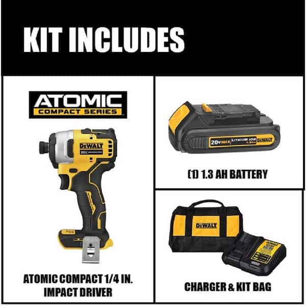 ATOMIC 20V MAX Cordless Brushless Compact 1/4 in. Impact Driver, (1) 20V 1.3Ah Battery, Charger, and Bag