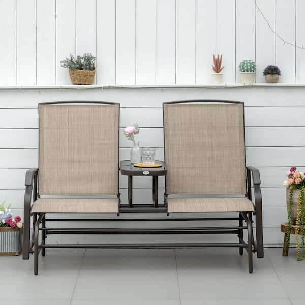 Sudzendf 2-Person Metal Outdoor Glider Bench, Mesh Glider Chairs with Tempered Glass Table for Garden Backyard Porch, Brown