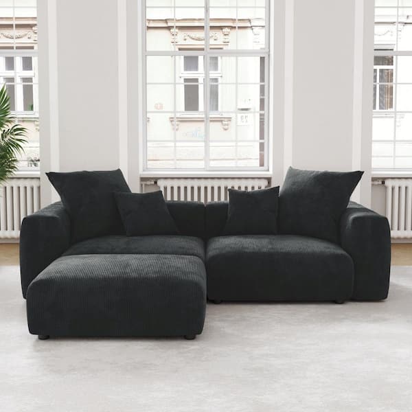 Modern 102 in. Square Arm Corduroy Modular L-Shaped Oversized Floor Sofa Couch with Ottoman for Living Room in Black