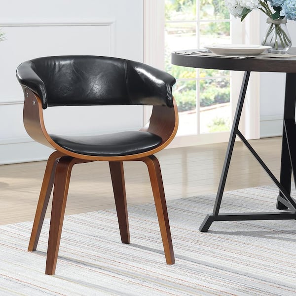 Wood and Black Faux Leather Mid-Century 18- in. Seat Height Dining Chair
