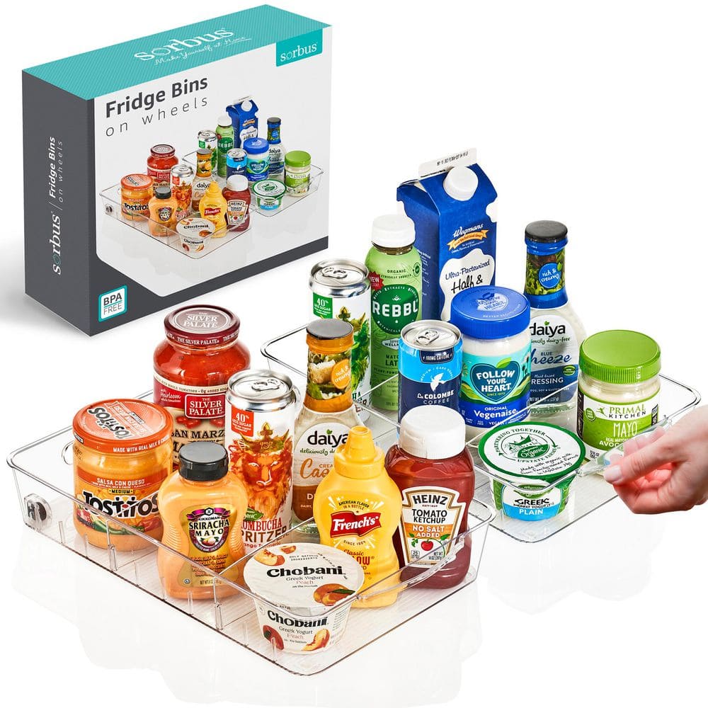 Clear Large Roll Out Fridge Organizers with Dividers & Handles, 9 L x 14