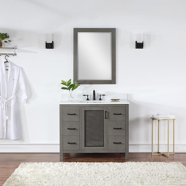 Altair Hadiya 42 in. W x 22 in. D x 34 in. H Single Sink Bath Vanity in Gray Pine with White Composite Stone Top and Mirror